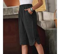 Shein Pantalones de lino informales de verano con botones de estilo rural, de largo medio para mujeres