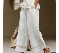 Shein Pantalones de linterna con paneles de encaje blanco roto para mujer - Cintura elástica con cordón, doble volante en la cintura, tobillos con encaje an