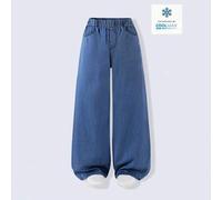 Shein Pantalones de mezclilla de Tencel azul oscuro para niños preadolescentes One Piece, primavera-verano 2026, cintura elástica con cordón, pierna recta y