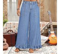 Shein Pantalones de pierna ancha con dobladillo ancho de estilo de vacaciones denim talla grande