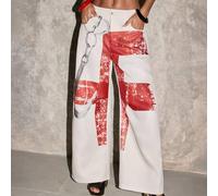 Shein Pantalones de pierna ancha con estampado de graffiti retro, diseño de ropa urbana estadounidense, pantalones largos maxi con parches y ganchos colgant