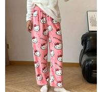 Shein Pantalones de pijama de franela Sanrio Cozy Hello Kitty - Pijama rosa, pantalones casuales de estar en casa, pantalones de franela para otoño/invierno