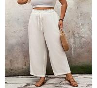 Shein Pantalones de verano con cintura alta, pierna ancha y suelta, unicolor, con volantes para mujeres de talla grande, Curve Plus, Hoho Vacation