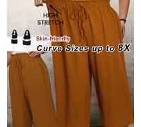 Shein Pantalones de verano de talle alto, sueltos y acampanados de unicolor con volantes para mujer de talla grande, curva plus, estilo bohemio para vacacio