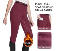 Shein Pantalones ecuestres de mujer con cintura alta, elásticos y con forro térmico grueso, color rojo vino - con agarre de silicona en la parte trasera, cá