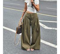 Shein Pantalones holgados de color verde del ejército, cómodos y elásticos, para mujer, adecuados para usar en el verano, en festivales de música, para sali