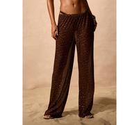 Shein Pantalones palazzo de pierna ancha con lunares transparentes y detalle de flecos en el bajo, de color marrón, prenda de playa semitransparente para el