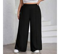 Shein Pantalones plisados de unicolor para mujer talla grande, pantalones anchos y sueltos de pierna ancha en color negro, curva plus, bohemio para vacacion