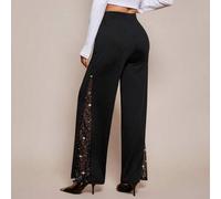Shein Pantalones rectos negros elegantes de malla y brillo para mujer, aptos para ir al trabajo, uso casual y diario, primavera/verano