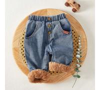 Shein Pantalones tapered de bebé niño casuales y lindos de tela vaquera azul con detalles de parche de letra naranja suave y esponjosa, para uso interior/ex