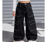 Shein Pantalones vaqueros anchos de estilo ancho en color negro para niña estilo Y2K, jeans anchos y holgados de costura en bloques de color negro, ropa de