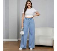 Shein Pantalones vaqueros anchos de talla grande para mujer, de color azul claro, con cintura elástica, diseño de botón y cremallera, efecto de denim cómodo