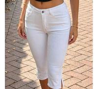 Shein Pantalones vaqueros capris ajustados de cintura media con abertura en el bajo, elásticos, estilo vintage urbano, shorts de mezclilla blancos
