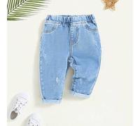 Shein Pantalones vaqueros de mezclilla suave con bolsillos parche desgastados y holgados para bebé niño, ropa de verano casual para bebé niño