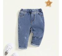 Shein Pantalones vaqueros de mezclilla suave con bolsillos parche desgastados y holgados para bebé niño, ropa de verano casual para bebé niño