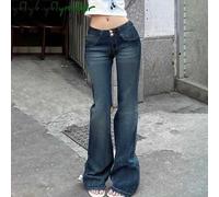 Shein Pantalones vaqueros de mujer de cuatro estaciones de estilo retro, temperamento ancho, hebilla en la cintura, cintura baja, lavado, pitillo, casuales,