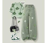 Shein Pantalones vaqueros de pierna ancha para niña preadolescente, estética vintage desgastada, recomendación de estilo casual y dulce para vacaciones univ