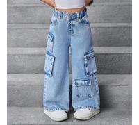 Shein Pantalones vaqueros holgados de estilo cargo azul para niña joven, ropa casual de primavera y verano de estilo boho para vacaciones, con múltiples bol