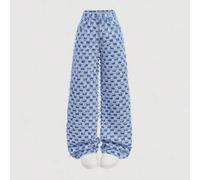 Shein Pantalones vaqueros rectos de pierna ancha con parche a cuadros y dobladillo deshilachado, estilo lavado azul, de cintura baja, para adolescentes y jó