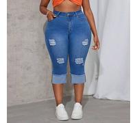 Shein Pantalones vaqueros rectos elásticos azules de talla grande, conjunto de ropa de verano para mujer, ropa de festival, pantalones capri vaqueros de tal