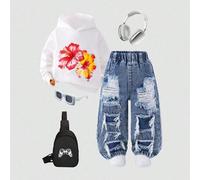 Shein Pantalones vaqueros rectos para niños pequeños, recomendación de atuendo de vacaciones de estilo universitario casual de streetwear vintage, denim azu