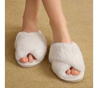 Shein Pantuflas blancas cálidas y confortables de interior con pelaje para mujer, zapatos de vacaciones de verano, oferta de verano, Navidad, Año Nuevo, oto