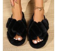 Shein Pantuflas de mujer con cruce de piel para otoño/invierno, pantuflas de casa abiertas de dedo con suela antideslizante, pantuflas de mujer de alta gama