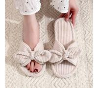 Shein Pantuflas de mujer con decoración de lazo para otoño/invierno, pantuflas de dormitorio de moda con punta abierta para primavera y otoño, pantuflas esp