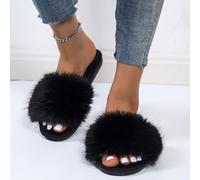 Shein Pantuflas de mujer esponjosas sin cordones, pantuflas de casa de unicolor negro con una correa, pantuflas ligeras y cómodas para primavera, otoño e in