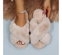 Shein Pantuflas de mujer para otoño/invierno en color caqui con cruce de tiras esponjosas, pantuflas de plataforma con punta abierta para dormitorios