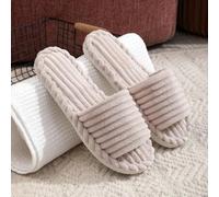 Shein Pantuflas de terciopelo a rayas beige de punta abierta para otoño/invierno, tanto para hombres como para mujeres como pantuflas de pareja, también com