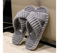 Shein Pantuflas ligeras de hombre con diseño de cruce, pantuflas interiores minimalistas a rayas de forro polar suave, de dedo abierto, transpirables, unise