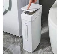 Shein Papelera estrecha y delgada para baño con tapa de presión y soporte para cepillo de inodoro, cubo de basura a prueba de olores y ahorro de espacio par