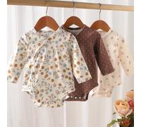 Shein Paquete de 3 bodies para bebé recién nacida, lindos y dulces, color crema y marrón con estampado floral y lunares, manga larga, cuello en V, corte reg