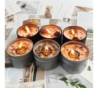 Shein paquete de 5 velas perfumadas, aromas de Palo Santo, Lavanda, Salvia, Pino, Sándalo y Abeto, en latas negras y plateadas con decoración de pentagrama