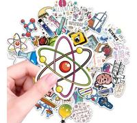 Shein Paquete de pegatinas de ciencia divertidas - 50 piezas de calcomanías de dibujos animados de átomos, equipos de laboratorio y fórmulas para útiles esc