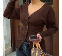 Shein Para Love & Bella Mujer Talla Grande Sexy Elegante Cárdigan de Punto Marrón Sólido de Cuello en V Profundo, Suéter de Punto Minimalista con Botones De