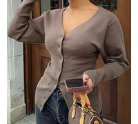 Shein Para Love & Bella Suéter de Cárdigan de Punto Sólido Marrón con Escote Profundo en V para Mujer Talla Grande, Elegante y Sexy, Ajuste Slim con Botones