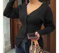 Shein Para Love & Bella Suéter de Cárdigan de Punto Sólido Marrón con Escote Profundo en V para Mujer Talla Grande, Elegante y Sexy, Ajuste Slim Minimalista