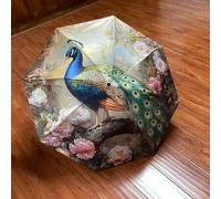 Shein Paraguas plegable con estampado de pavo real y protección UV - Estructura de acero de 8 barras, paraguas portátil para exteriores con función de prote