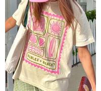Shein Parte superior con estampado de graffiti a cuadros rosa y verde "Biblia + Playa" para mujer, de manga corta, holgada, de tela suave y transpirable, es