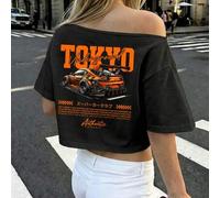Shein Parte superior corta con estampado de coche de estilo retro Tokyo Drift para mujer, camiseta gráfica holgada de estilo japonés Y2K, de cuello barco y