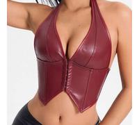 Shein Parte superior de corsé burdeos estilo Y2K, top halter sexy de busto alto, camiseta corta con cordones, espalda descubierta con ballenas, prenda molde