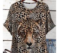 Shein Parte superior de cuello redondo de estilo vintage con estampado de leopardo, poderoso y fashion, para mujer de talla grande