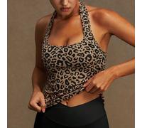 Shein Parte superior de tirantes con cuello halter y estampado de leopardo, con almohadillas desmontables, sexy y sin espalda, para yoga y entrenamiento, es