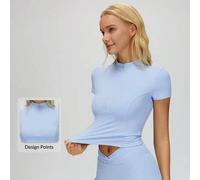 Shein Parte superior deportiva de mujer con escote en V y media cartera, corta y ajustada, piel amigable y cómoda, camiseta para yoga y fitness