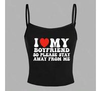 Shein Parte superior tipo camiseta con estampado de corazones, informal y ajustada, adecuada para el verano. "TE AMO CARIÑO, ASÍ QUE POR FAVOR MANTENTE ALEJ