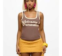 Shein Parte superior tipo top de tirantes "Bienvenido al Paraíso" para verano, playa, vacaciones, casual, fiesta, festival, estilo urbano