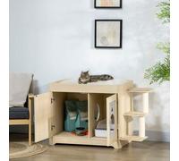 Shein PawHut Arenero para Gatos de Madera con 2 Puertas Mueble Arenero para Gatos con Cama CojÃn Suave 3 Plataformas y Postes de Sisal 107x54x70 cm Roble
