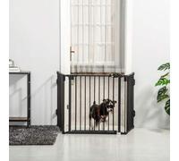 Shein PawHut Barrera de para Perros Valla para Perros Plegable Rejilla de Protección de Chimenea 202,5 cm con Puerta Auto Cierre para Escalera Pasillo Neg